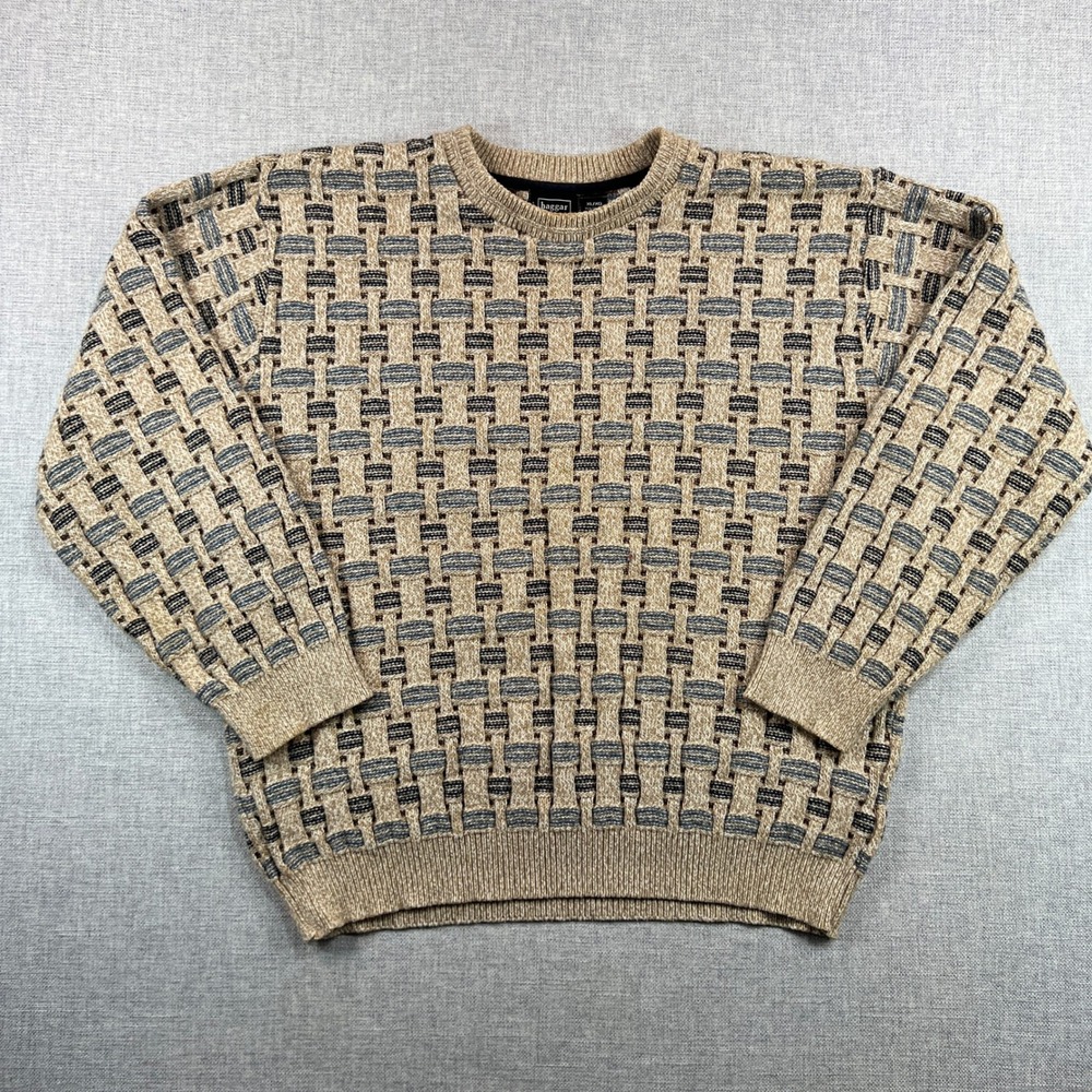 Haggar Basketweave Knit Crewneck Sweater Men XL Tan Blue Classic Dad Normcore‎